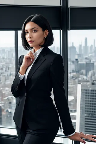 Female executive with sleek bob hairstyle and professional makeup dressed in a fine wool tailored black business suit, standing contemplatively in a modern high-rise office overlooking a sprawling cityscape.