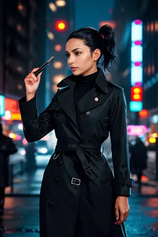 A focused female detective in her 30s wearing a sleek waterproof dark trench coat and her hair in a low ponytail, examining clues in a neon-lit urban city at night.