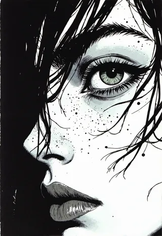Black and white manga close-up of a melancholic young woman's face with detailed, expressive inked strands of hair and a large, reflective eye, featuring freckles and high-contrast textures.