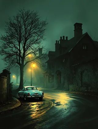 A misty, atmospheric street at night featuring a winding wet road reflecting yellow streetlights, a pale blue vintage Volkswagen Karmann Ghia parked beside leafless trees and an old building shrouded in fog.