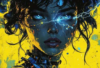 Digital neon portrait of a woman with striking electric blue eyes glowing with lightning against a vivid yellow background.