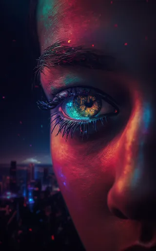 Close-up macro shot of a woman's eye with a vivid, colorful iris and luminescent neon lights swirling inside, set against a blurred futuristic city background.