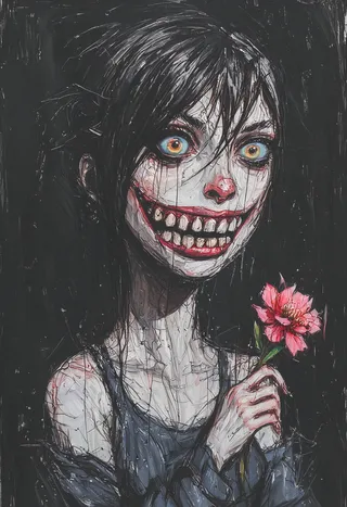 Hand-drawn sketch of a creepy pale-skinned teenager with exaggerated yellow eyes and a wide sinister grin, holding a scarlet carnation, set against a dark background with textured expressive line-art.