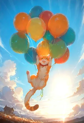 Orange-furred kitten happily floating in the sky, holding colorful balloons with a bright sun and clouds in the background.