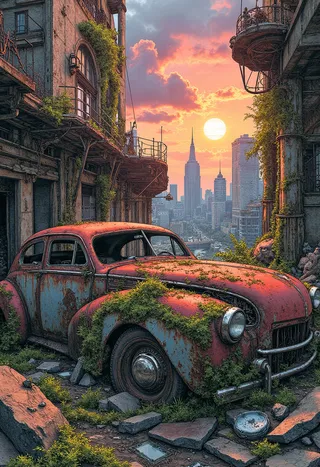 Rust-covered old car overtaken by greenery sits among rocks and broken glass in a decaying urban setting with skyscrapers and a vibrant sunset in the background.