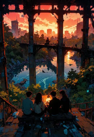A group of four people sitting on an old wooden bridge at sunset, overlooking a river reflecting the vibrant sky with a distant city skyline under dramatic orange and red clouds, in anime style.