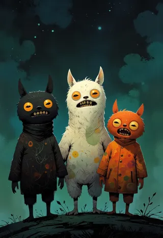 Three colorful fugglers with large orange eyes, standing in a dark grassy field at night under a starry sky, blending creepiness and cuteness.