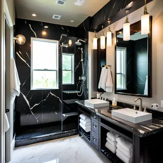 Luxury bathroom featuring black marble walls, a walk-in shower with glass enclosure, double vanity with black marble countertop, large mirrors, and modern hanging lights