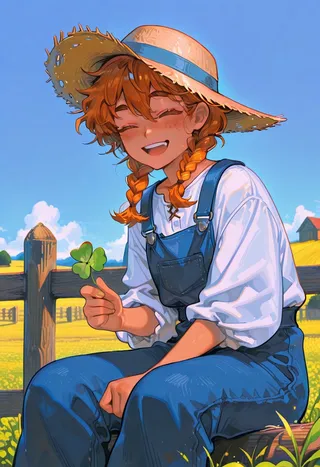 A smiling girl with orange braided hair and freckles, wearing overalls and a straw hat, sitting on a wooden fence on a bright farm holding a four leaf clover.