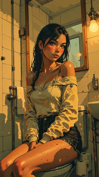 A semi-realistic anime-style illustration of a young woman with long black hair, sitting on a toilet in a modern, warmly lit bathroom, wearing a beige off-shoulder sweater and black shorts.