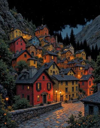 A vibrant mountain village at night with colorful houses, illuminated windows, glowing street lamps, cobblestone paths, and surrounding pine trees under a starry sky.