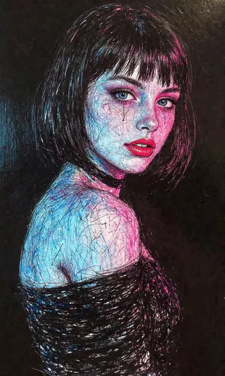 Digital painting of a woman with short black bob hair, blue eyes, red lipstick, wearing a black off-shoulder dress and choker, illuminated by neon pink and blue lighting with scribble style on black background.