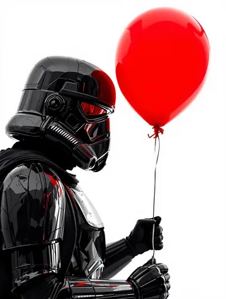 A hyperrealistic stormtrooper wearing dark, detailed armor with dark red highlights, holding a bright red balloon against a white background.