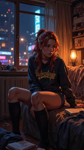 Anime-style illustration of a young woman with auburn hair sitting on a couch in a dimly lit, cozy apartment with neon city lights visible through a large window at night.