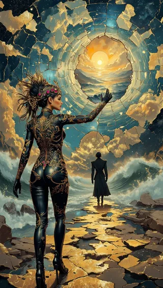 A detailed digital painting of an elegant woman in a black leather suit adorned with golden patterns and rubies stretching her hand towards a shattered mirror showing fantastical worlds, set in a dim gothic chamber with dramatic lighting.
