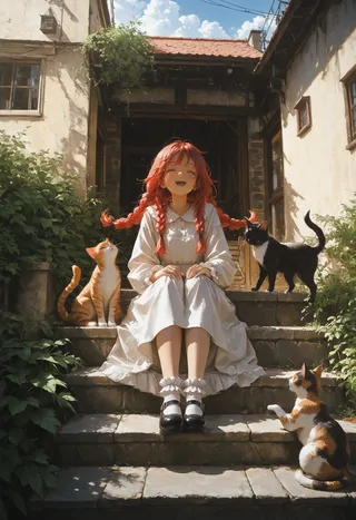 A red-haired girl with twin braids and a white dress sits happily on stone stairs outdoors, surrounded by three cats and greenery under a sunny sky.