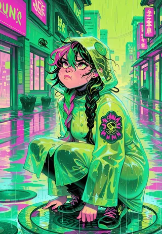 Girl with split neon green and pink hair, squatting in a yellow raincoat on a wet urban street at night, vibrant neon reflections around her.