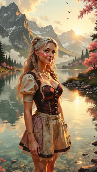 Young Bavarian woman with platinum blonde hair in a traditional dirndl stands confidently by a crystal-clear alpine lake at sunset, surrounded by snow-capped mountains and spring blossoms.