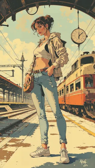 A semi-realistic pinup illustration of a young woman standing confidently on a vintage train platform, wearing a cropped hoodie, skinny jeans, denim jacket, and white sneakers, with a retro train and station clock in the background.