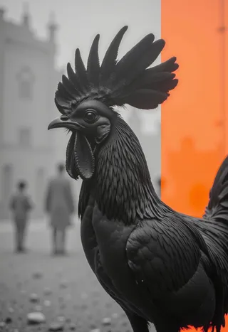 Closeup of a detailed black rooster with feathery texture against a blurred monochromatic background with a vertical neon orange stripe.