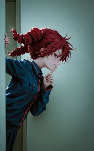 Ultra-detailed illustration of Kasane Teto with red hair styled in spiral pigtails, indoors, making a shushing gesture with a smug sideways glance.