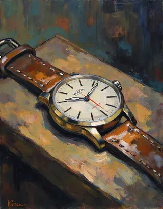 Painting of a wristwatch with a brown leather strap lying on an old wooden table with muted color tones.