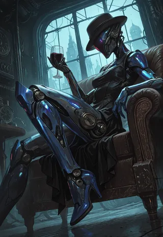 A sleek, blue-chrome cyborg woman dressed in a tight black dress and high heels, wearing a bowler hat, sits elegantly in a leather armchair holding a glass of red wine, set in a dark steampunk room with a large window showing a futuristic cityscape.