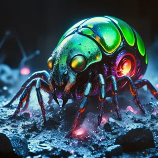 Close-up of a bioluminescent hostile hargflibberer with iridescent green, black, purple, and red exoskeleton on icy crystalline ground under twilight.