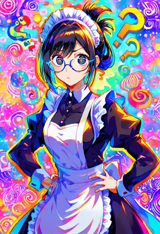 Colorful image of a confused maid with spiral eyes wearing glasses and a white apron against a vibrant psychedelic background with question marks and swirls