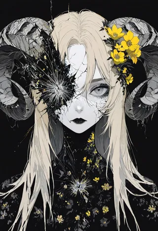 Portrait of a female with cracked skin, blonde hair, curled horns, yellow flowers in hair, grey eyes, and black lips against a simple black background.