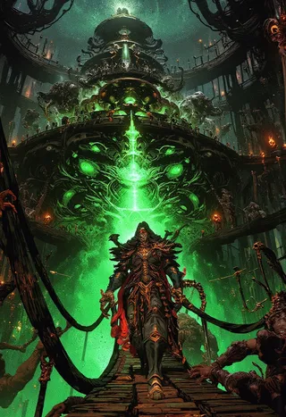Dark ominous sci-fi scene inside a vast Necron facility with a Tech-Priest Magos clad in ornate cybernetic robes walking on a cable bridge under eerie green light surrounded by Necron warriors preparing to ambush.