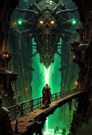 A dark sci-fi scene shows a Tech-Priest Magos standing on a rusty cable bridge inside a gigantic Necron secret facility. A giant mechanical skull with glowing orange eyes and green lights looms above, illuminating the eerie surroundings with green light.