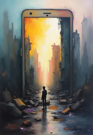 A surreal scene with a fossilized smartphone forming a gateway in a crumbling urban landscape, illuminated by an ethereal glow with a silhouetted figure standing amidst ruins.
