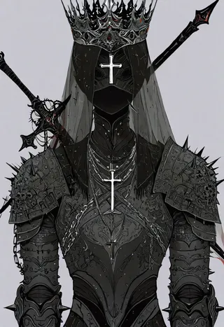 A dark knight wearing intricate black spiked armor, a large ornate crown, a veil covering the face, and a prominent cross necklace, holding a sword.