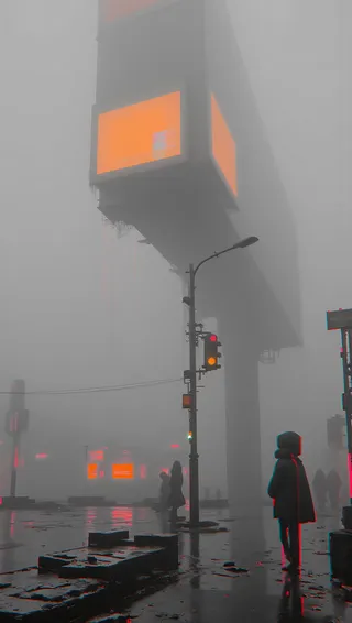 Foggy dystopian urban street scene with glowing orange neon signs and glitched shadows under heavy mist