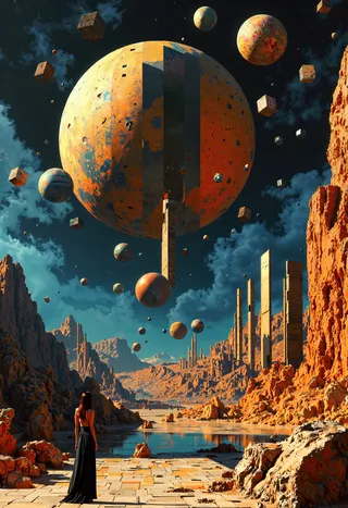 A surreal landscape with gigantic geometric planets floating overhead, a woman in a black avant-garde dress stands in awe, surrounded by rocky terrain and dramatic lighting under a colorful sky.