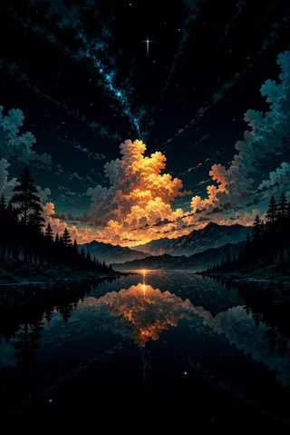 Digital fantasy art of a vibrant sky with dramatic orange clouds reflecting perfectly on a mirror-like lake at night, surrounded by forest silhouettes and mountains.