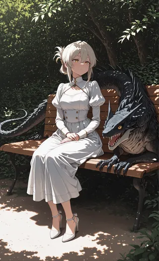 A girl with folded ponytail wearing a white dress with juliet and puffy sleeves sits on a wooden bench beside a black dragon under dappled sunlight.