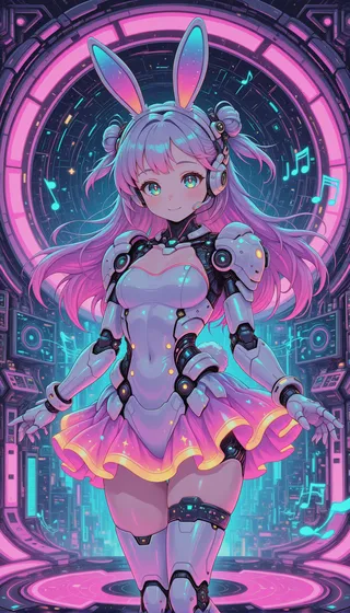 A cyber idol girl with bunny ears headset wearing a pastel holographic dress and robotic armor, surrounded by floating digital music notes on a glowing neon stage.