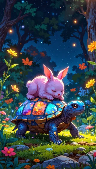 A tiny blue alien turtle with a prismatic, crystal-like shell carries a fluffy pink bunny asleep atop it in a glowing alien garden at night.
