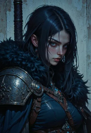A female warrior with dark hair and piercing eyes, dressed in a detailed gothic-style blue outfit with fur mantle and metal shoulder plates, holding a large sword on her back.