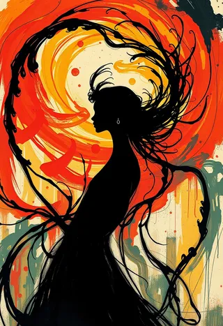 A black silhouette of a woman with elongated features surrounded by swirling vivid brushstrokes in red, orange, and yellow, blending Art Nouveau linework with Fauvist expressionism.