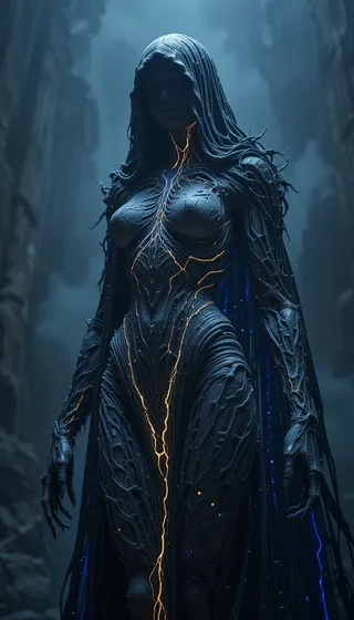 Dark eldritch female cyborg entity in a hooded cloak, with organic porous body and glowing veins of electric blue and golden yellow light.