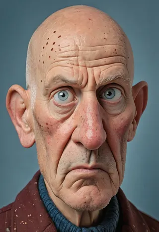Highly detailed photorealistic caricature of an elderly bald man with exaggerated facial features, textured skin, and muted color tones.