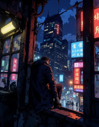 A supernatural detective sits on a fire escape at night, overlooking a rainy city filled with glowing neon signs, painted in a textured oil and anime style.