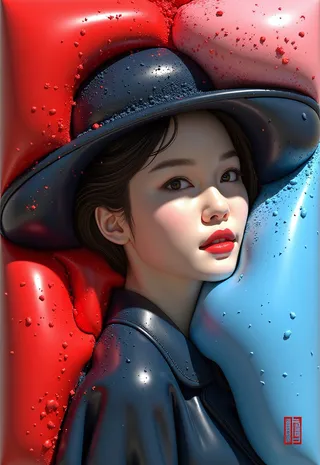 Portrait of a woman wearing a wide-brimmed hat with hair dissolving into powder, set against an abstract red and blue background with textured, thick brush strokes.