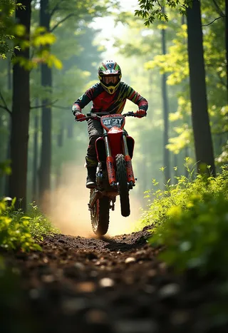 Dirtbike rider in colorful gear jumps along a forest trail with motion blur on tires and lush green foliage surrounding.