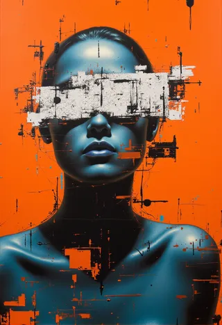 A digital glitchcore portrait of a blue-skinned figure with an abstract white mask covering the eyes, set against a vivid orange background with gritty minimalism and chromatic aberration effects.