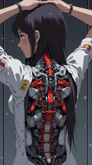 Anime-style character with long black hair and a complex mechanical cybernetic spine visible beneath a white outfit, standing against a dark background.