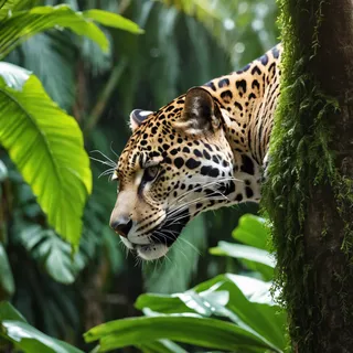Close-up of a jaguar peeking from behind a moss-covered tropical tree surrounded by lush jungle palm leaves in morning sunlight.